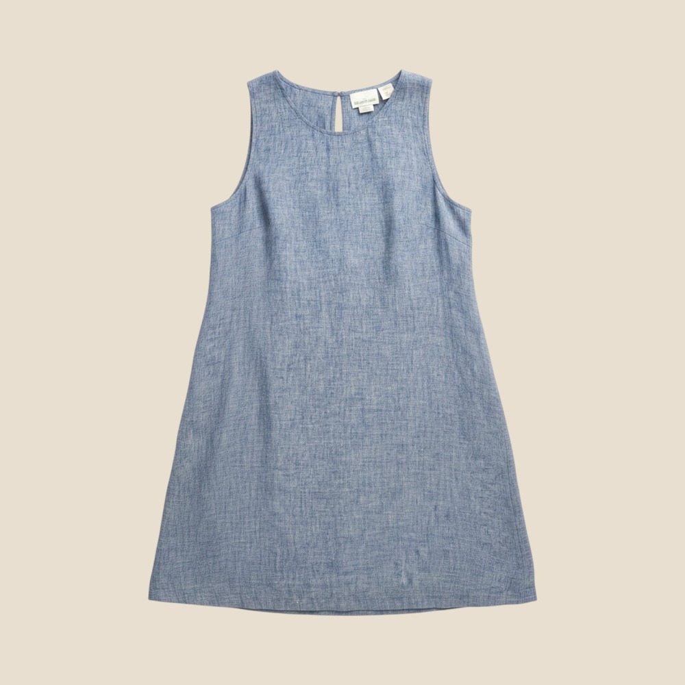 100% Linen Lagenlook Cynthia Rowley Dress L Blue Sleeveless Shift Chambray